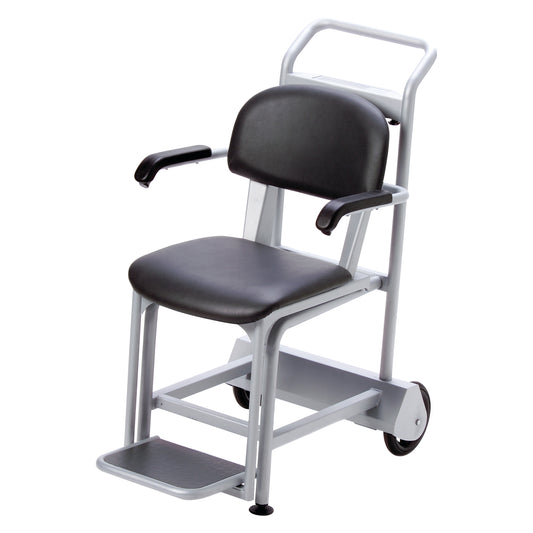A black and silver Health o meter Digital Chair Scale with armrests, a footrest, and wheels for mobility.