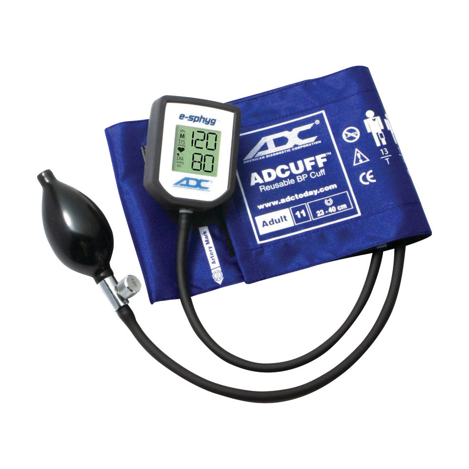 ADC e-sphyg Digital Pocket Aneroid Sphygmomanometer with ADCUFF, featuring a blue cuff, digital display, and black inflation bulb.