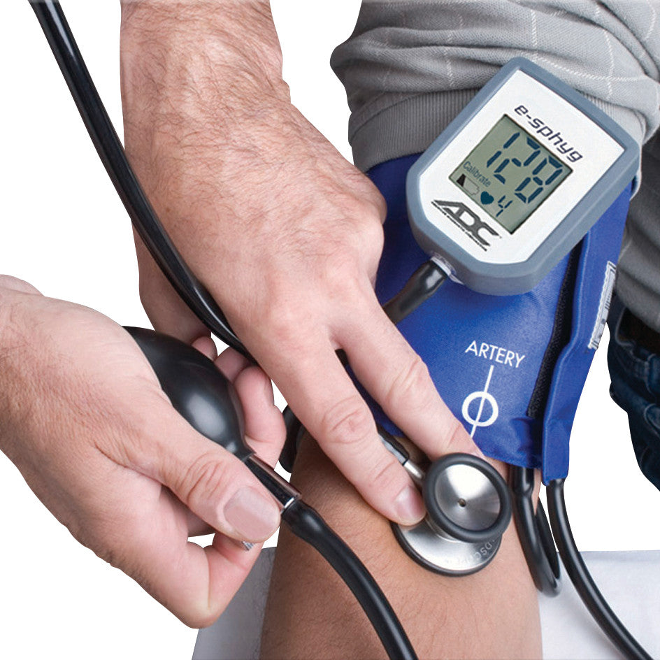 A person uses the ADC e-sphyg Digital Pocket Aneroid Sphygmomanometer to measure blood pressure on another person's arm.