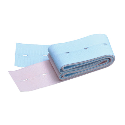 A blue and pink Fetal Monitoring Belt with button holes, used for securing fetal monitors during pregnancy.
