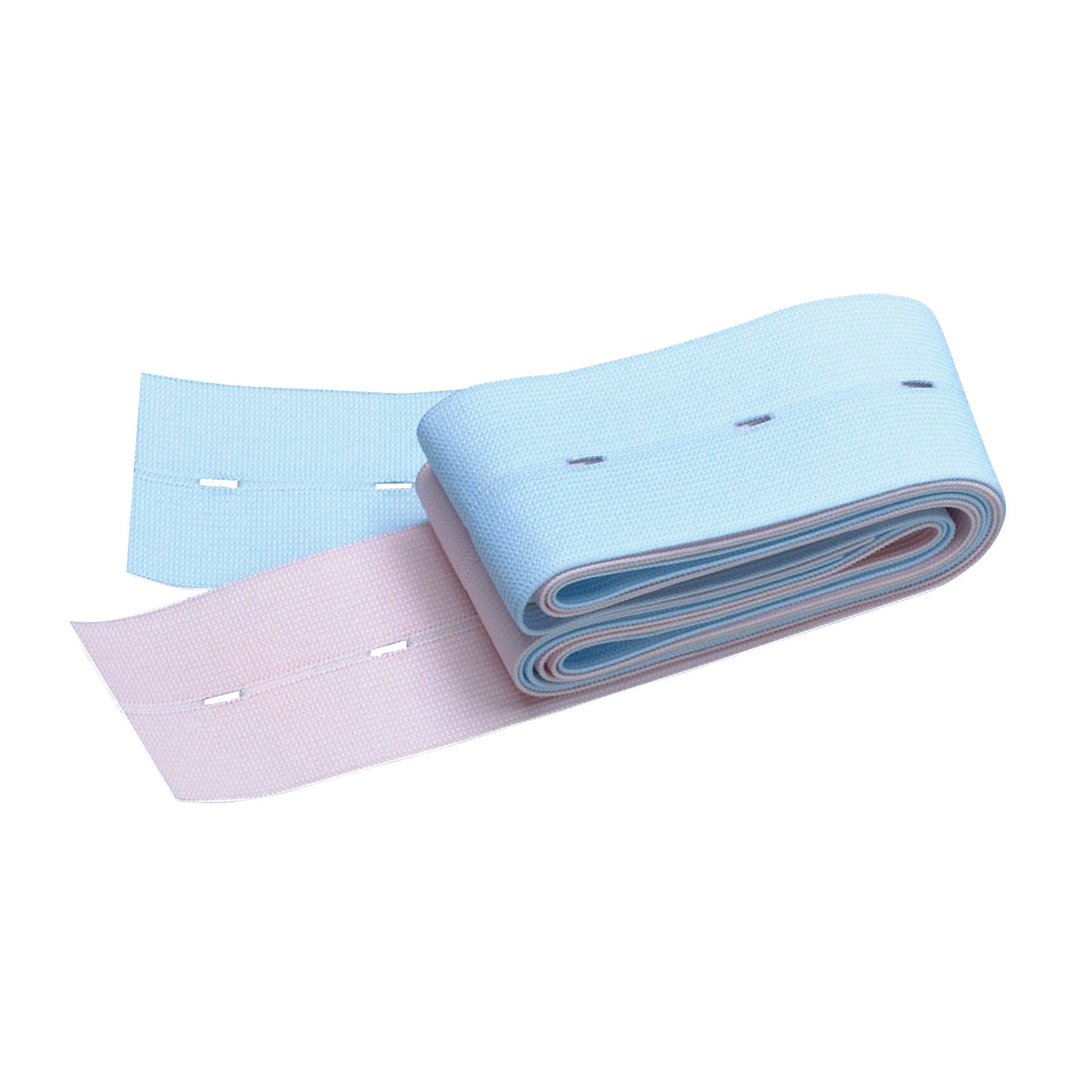 Fetal Monitoring Belt with Button Holes and Buttons in blue and pink, rolled out, showing button holes along its length.
