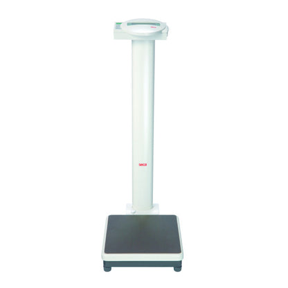 Seca 769 Electronic Column Scale with a tall white column and a black platform designed for measuring weight in a clinical setting.