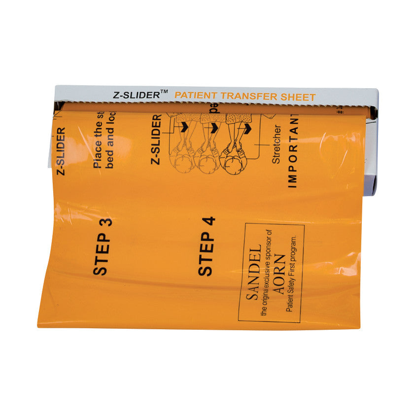 The SANDEL Z-Slider Patient Transfer and Repositioning Sheet in orange, showing steps and safety instructions for usage.
