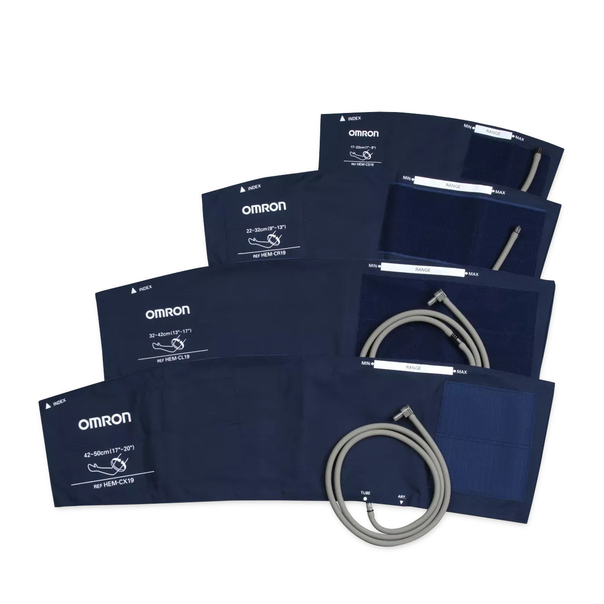 A set of replacement cuffs and bladders for the Omron Professional Intellisense Blood Pressure Monitor HEM-907XL in various sizes.