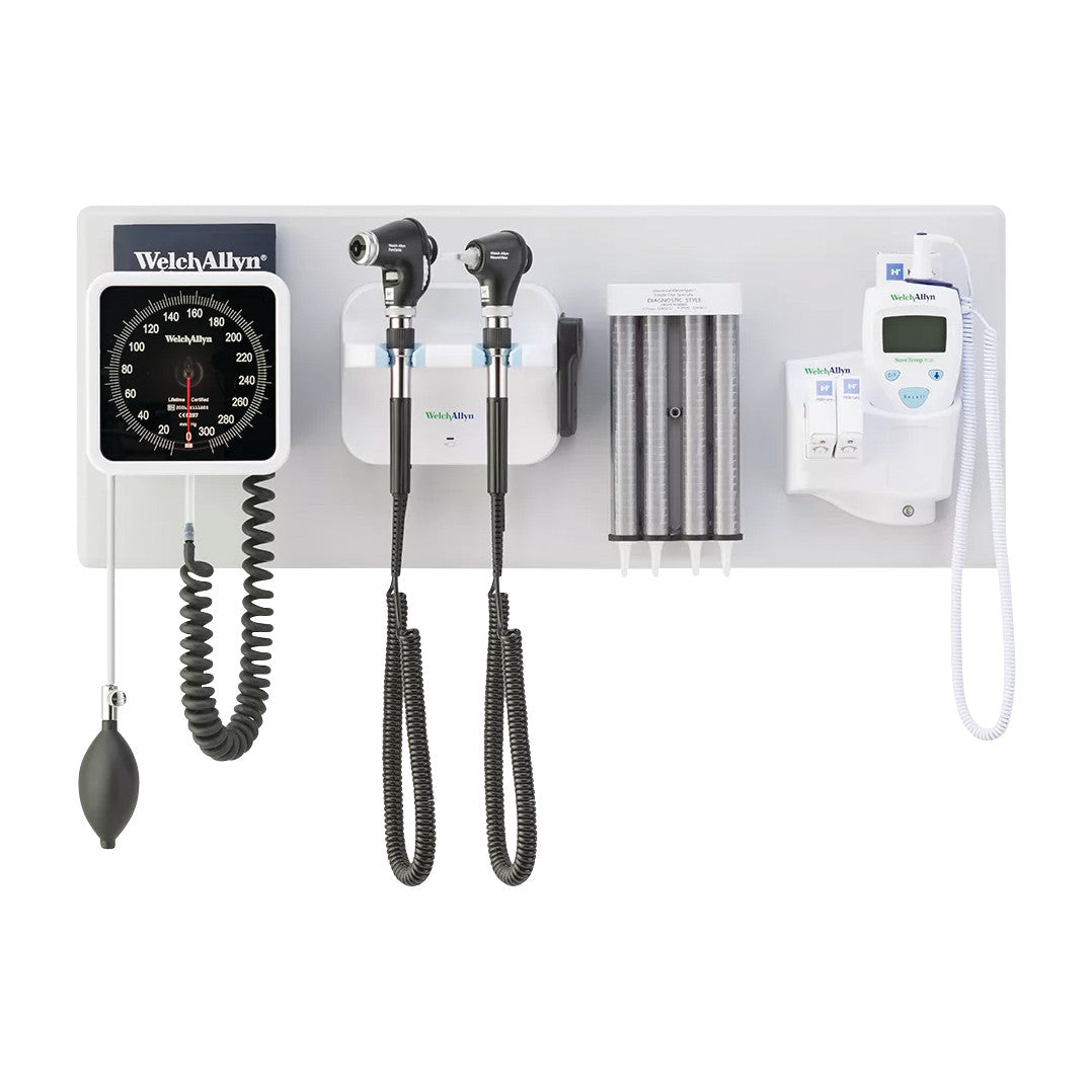 The Welch Allyn 777 Integrated Wall Diagnostic System features a blood pressure gauge, otoscopes, ophthalmoscope, and thermometer.