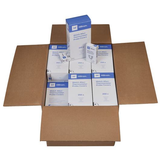 A cardboard box contains multiple boxes of Probe Cover for  Electronic Thermometer, each holding 250 covers.