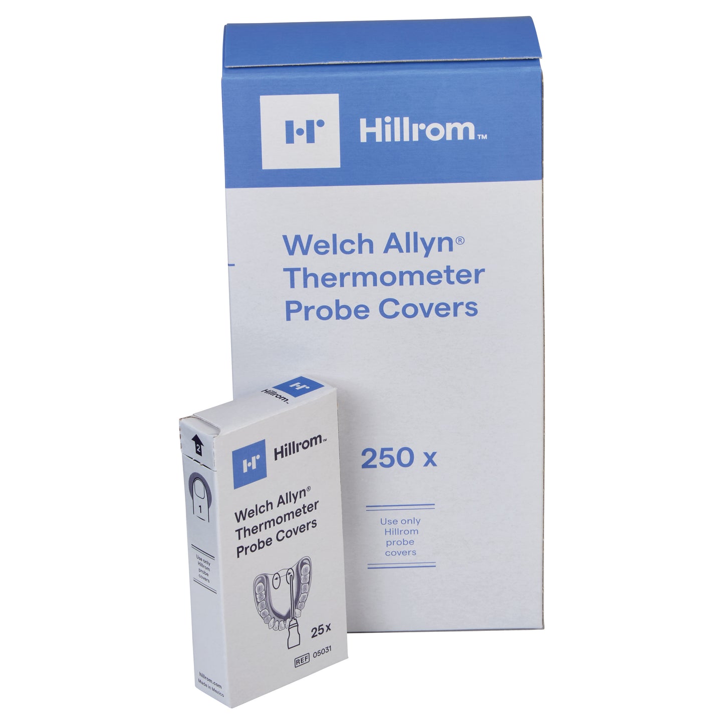 Two boxes of Probe Cover for Welch Allyn SureTemp Plus Electronic Thermometer. Large box holds 250, small box holds 25 covers.