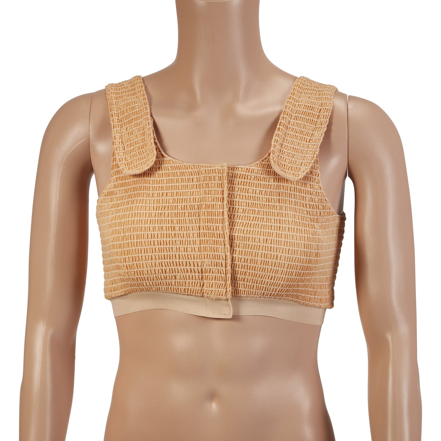 Mannequin wearing Expand-A-Band Compression Bra in beige with wide straps and front closure.