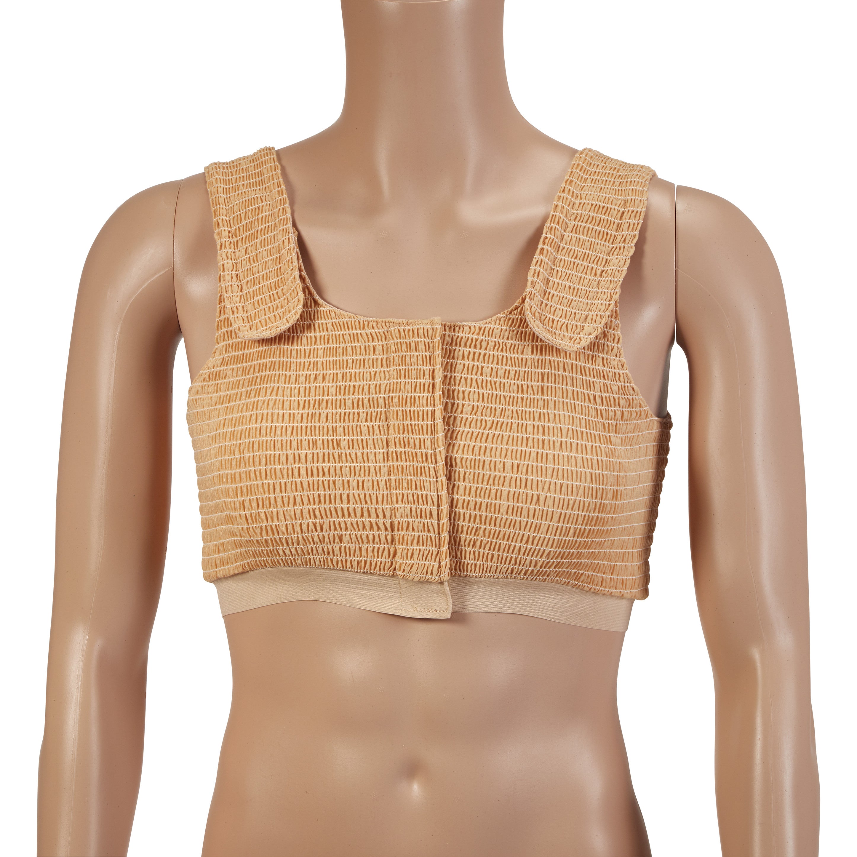 A mannequin wearing an Expand-A-Band Compression Bra with wide straps and a textured surface, designed for post-surgery support.