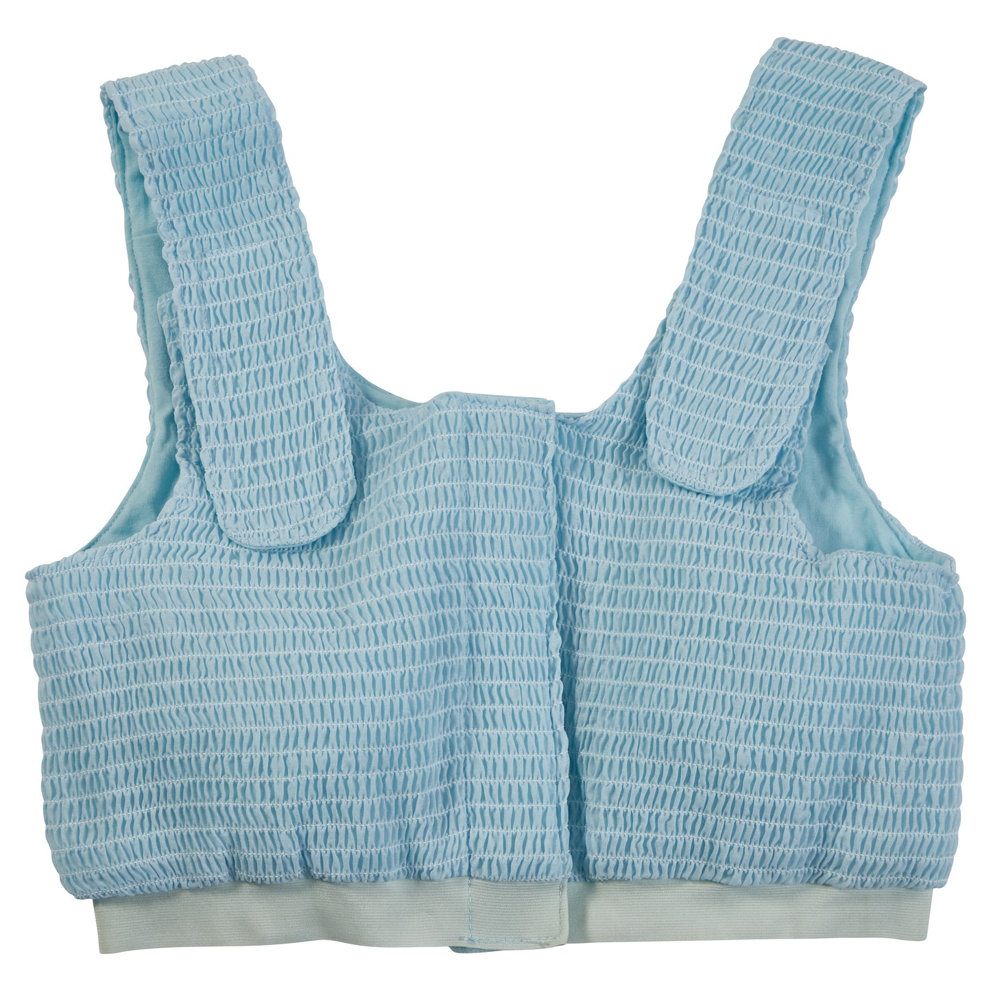 Light blue Expand-A-Band Compression Bra with wide straps and textured fabric, designed for post-surgical support.