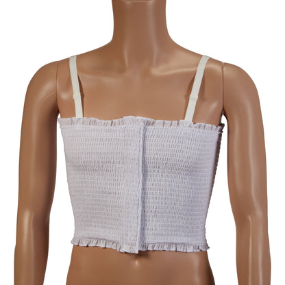 A mannequin wears an Expand-A-Band Lined Breast Binder, featuring white, ruched fabric with adjustable straps.