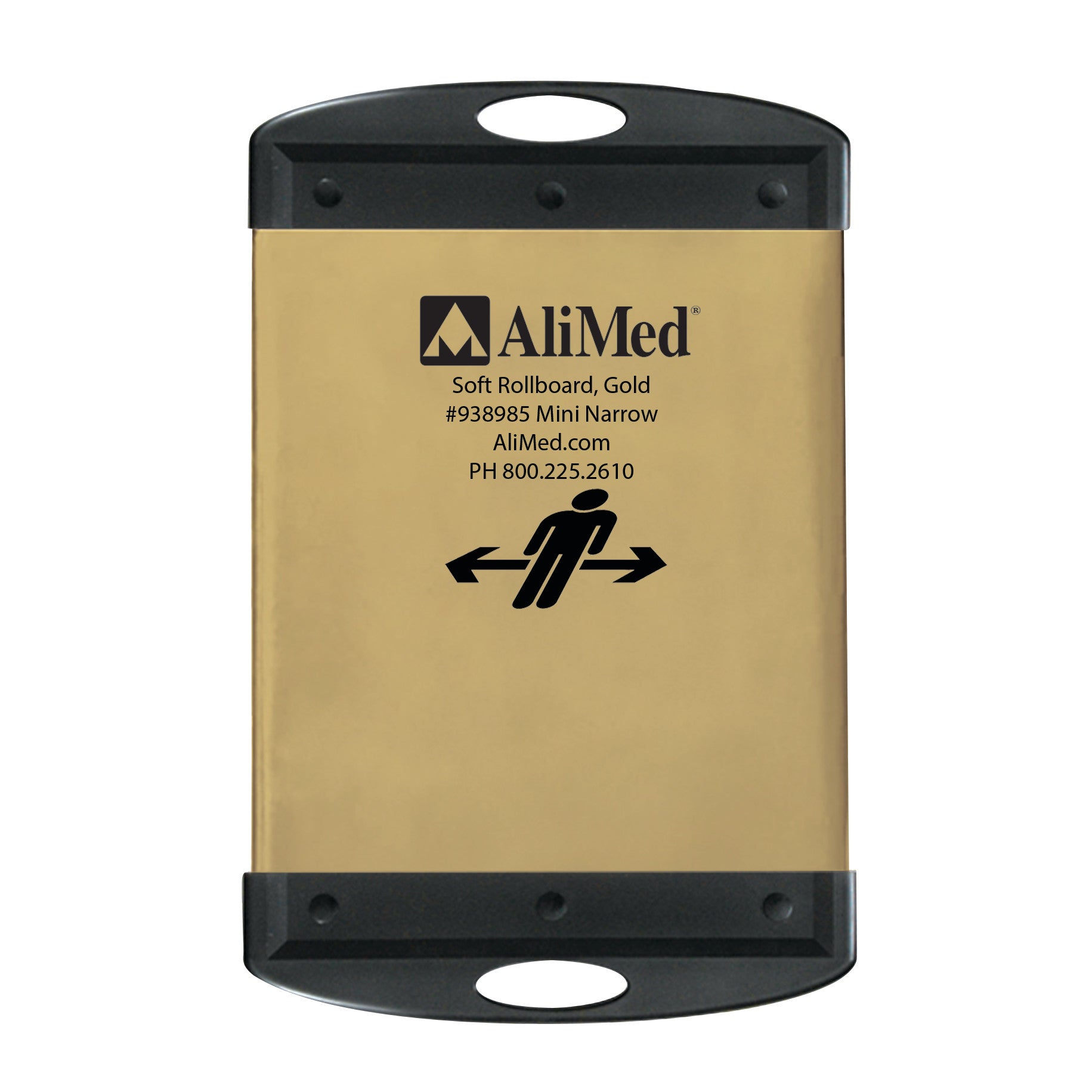 AliMed Soft Gold Rollboard, a mini narrow patient transfer board with a black handle and a figure icon, is shown vertically.