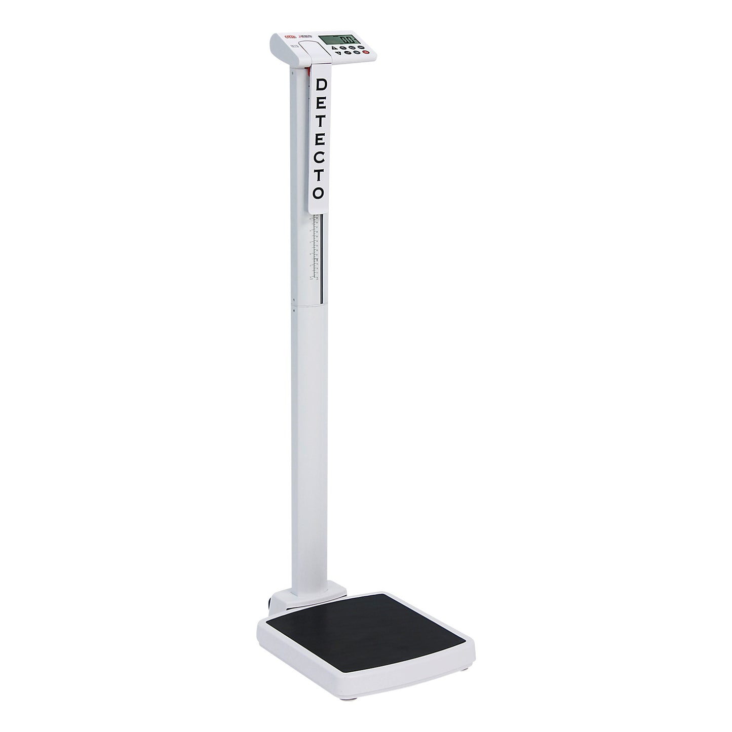 A DETECTO solo Digital Eye-Level Physician Scale with a digital display on a tall column and a black platform.