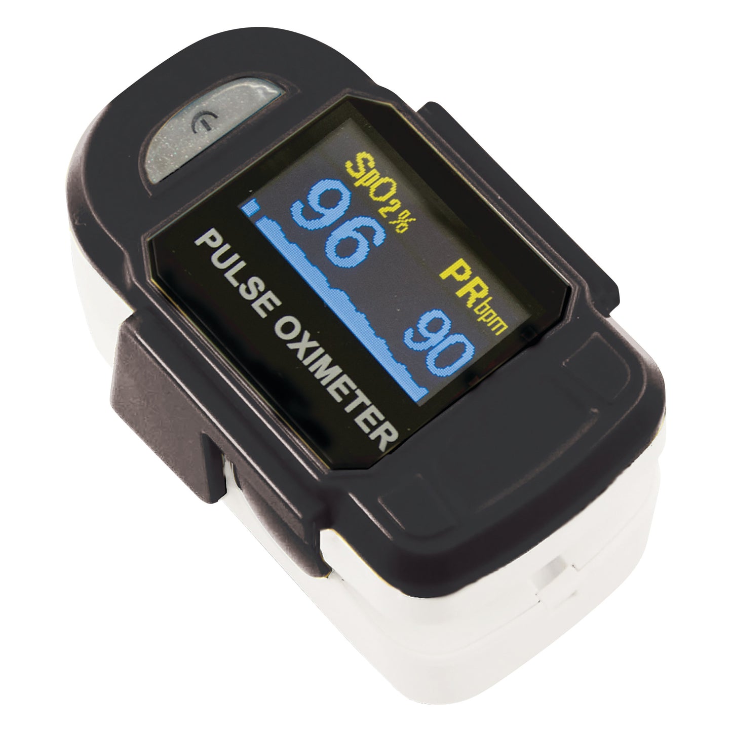 Baseline Fingertip Pulse Oximeter displaying 96% SpO2 and 90 bpm on a digital screen, used for measuring oxygen levels and pulse rate.