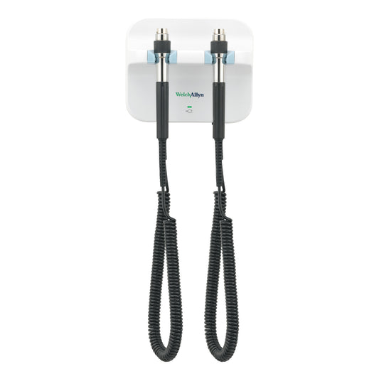 Welch Allyn 777 Basic Wall Diagnostic System with two instruments on a white mount featuring coiled cords, used for medical diagnostics.