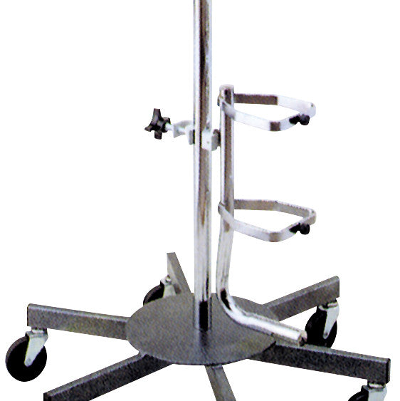 Clinton Oxygen Cylinder Holder for IV Pole with a metal bracket on a wheeled, star-shaped base.