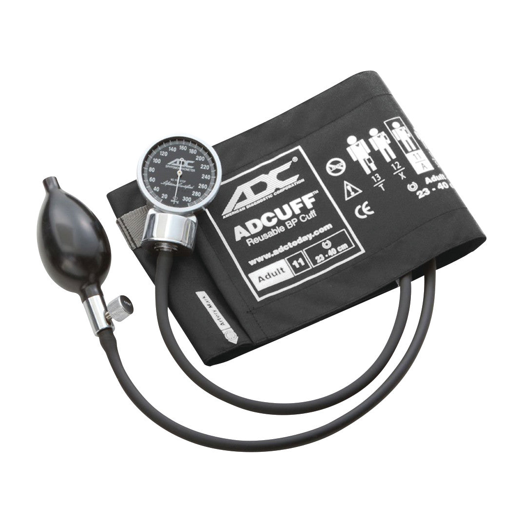 ADC Diagnostix 700 Pocket Aneroid Sphygmomanometer with a black ADCUFF reusable BP cuff and inflation bulb, for measuring blood pressure.