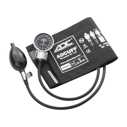 ADC Diagnostix 700 Pocket Aneroid Sphygmomanometer with a black ADCUFF reusable BP cuff and inflation bulb, for measuring blood pressure.