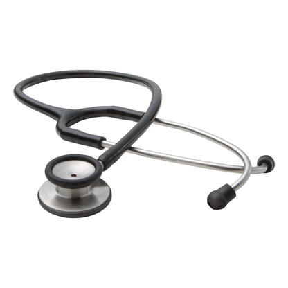 The ADC Adscope 603 Clinician Stethoscope is shown with a black tube and stainless steel chestpiece, lying on a white background.