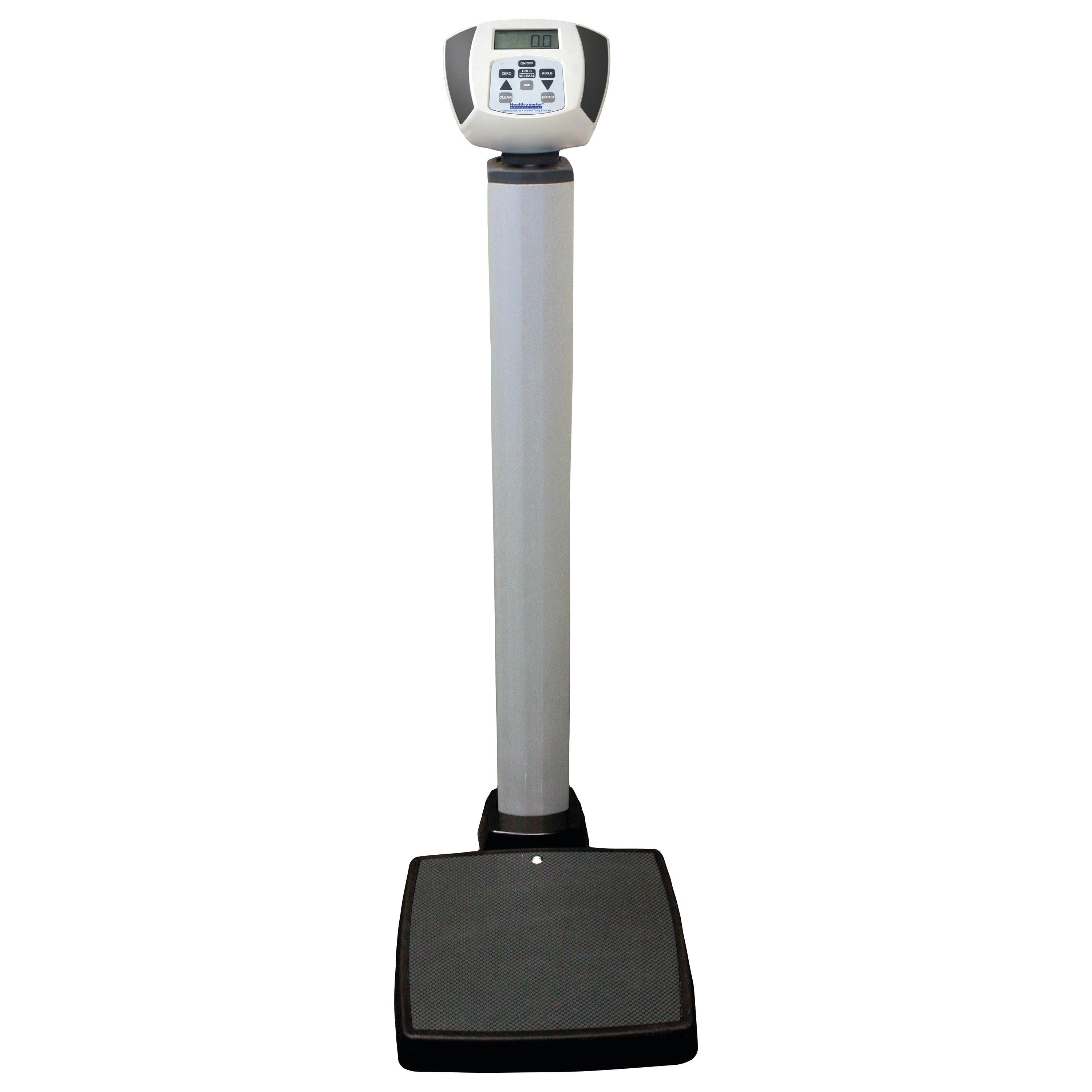 The Health o meter Heavy-Duty Column Scale features a tall column with a digital display and a large, sturdy foot platform.
