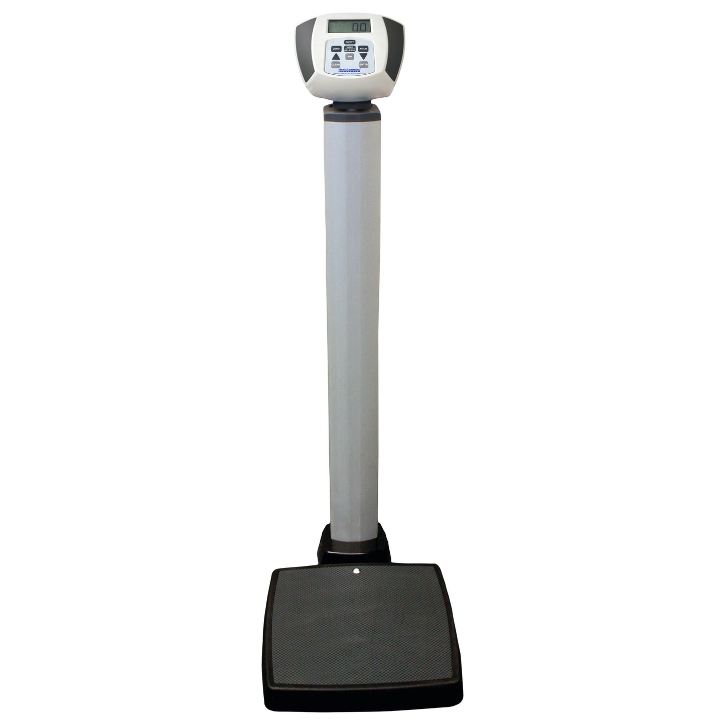 The Health o meter Heavy-Duty Column Scale features a tall column with a digital display and a large, sturdy foot platform.