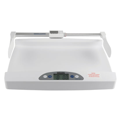 The Health o meter Digital Pediatric Scale is a white scale with a digital display and a height measuring slider, designed for infants.