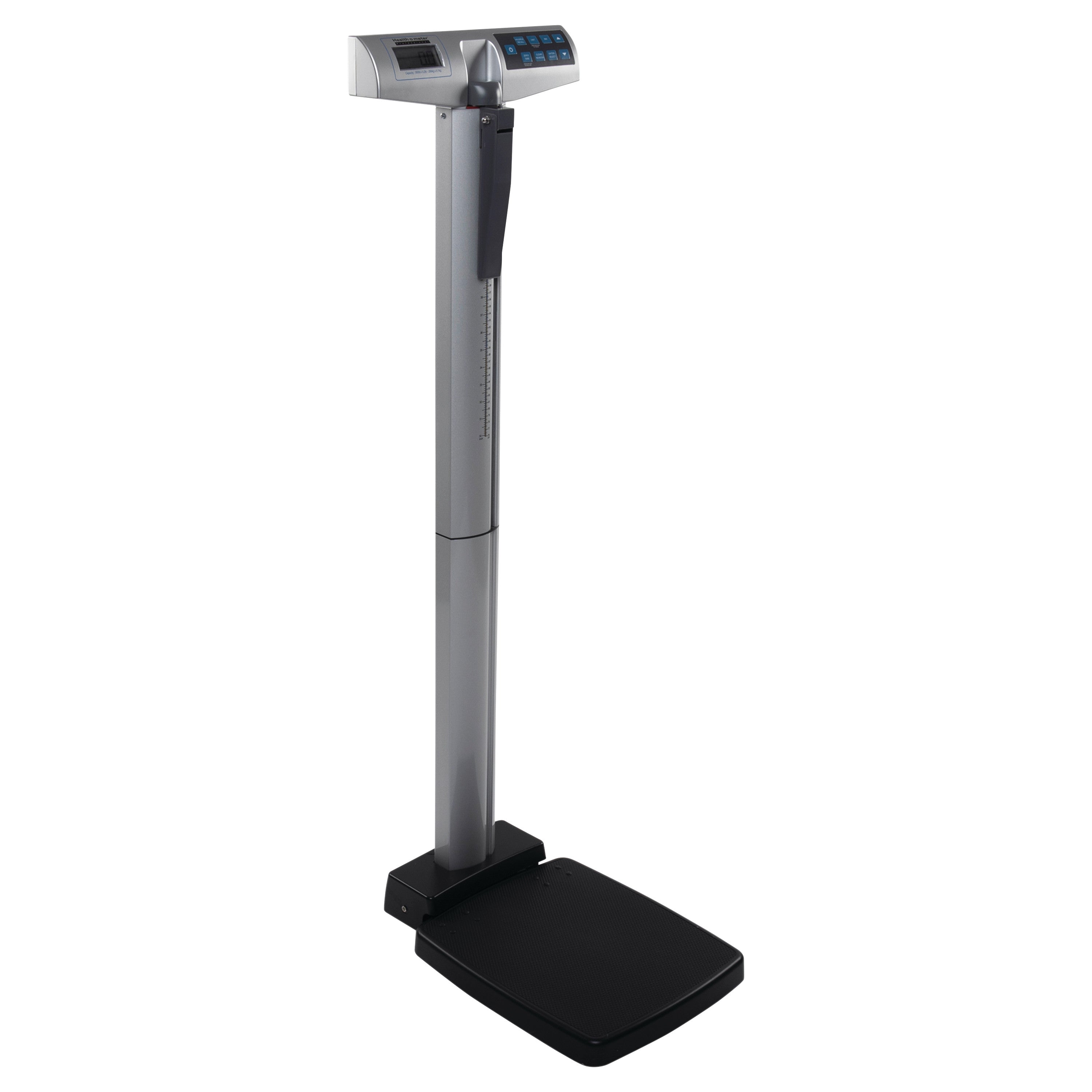 The Health o meter Professional 500KL Digital Physician Scale features a tall, sleek design with a digital display and measuring rod.