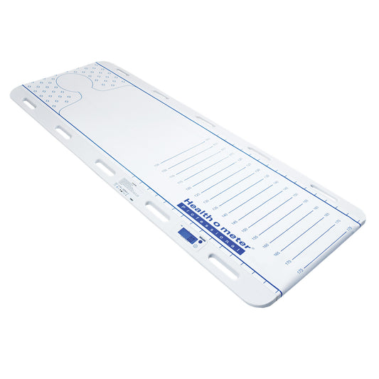 The Health o meter Patient Transfer Scale is a flat scale with a digital display used for measuring a patient's weight and height.
