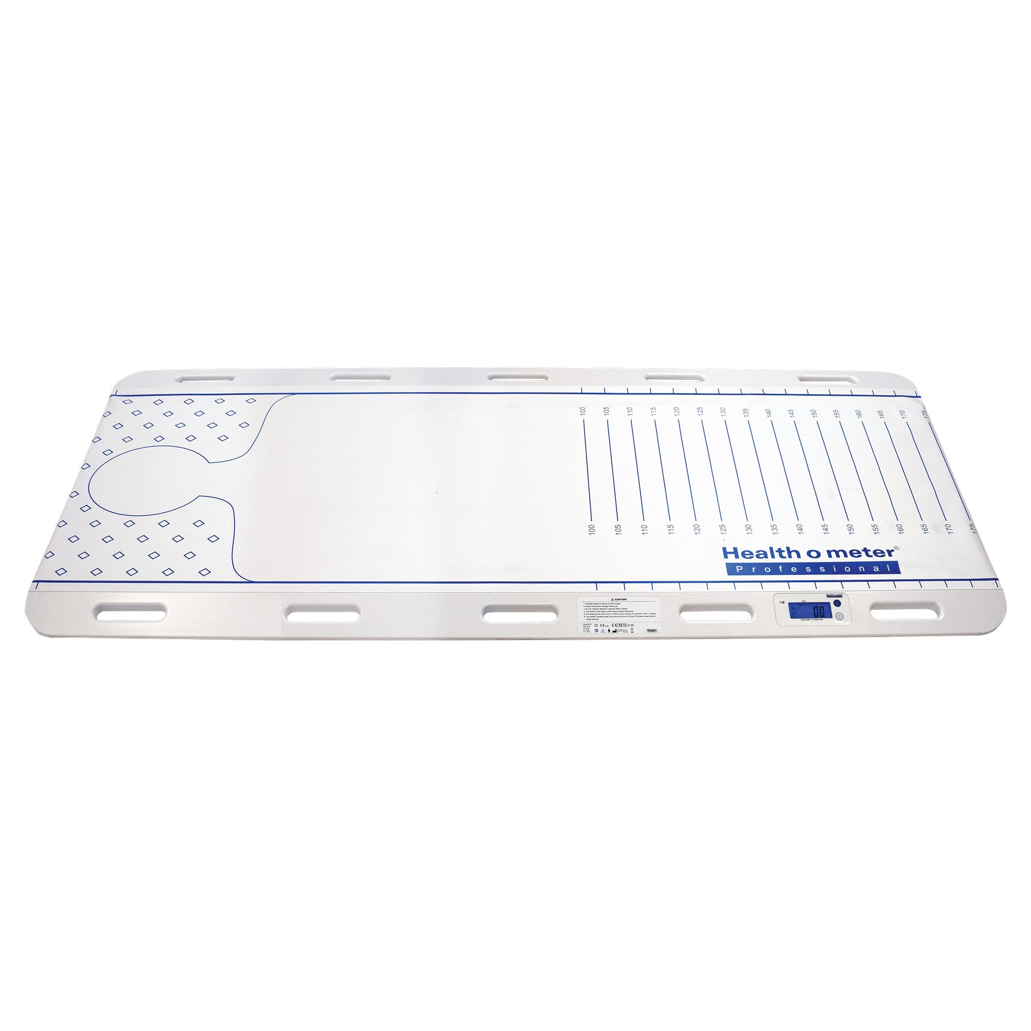 The Health o meter Patient Transfer Scale is a flat, rectangular device with measurements, used for weighing patients during transfers.