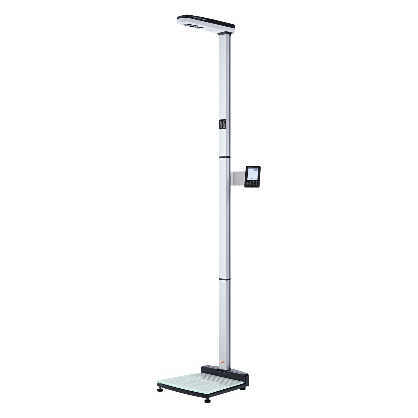 The seca 286 Ultrasonic Measuring Station is a tall, vertical device with a digital display and platform for height and weight measurement.
