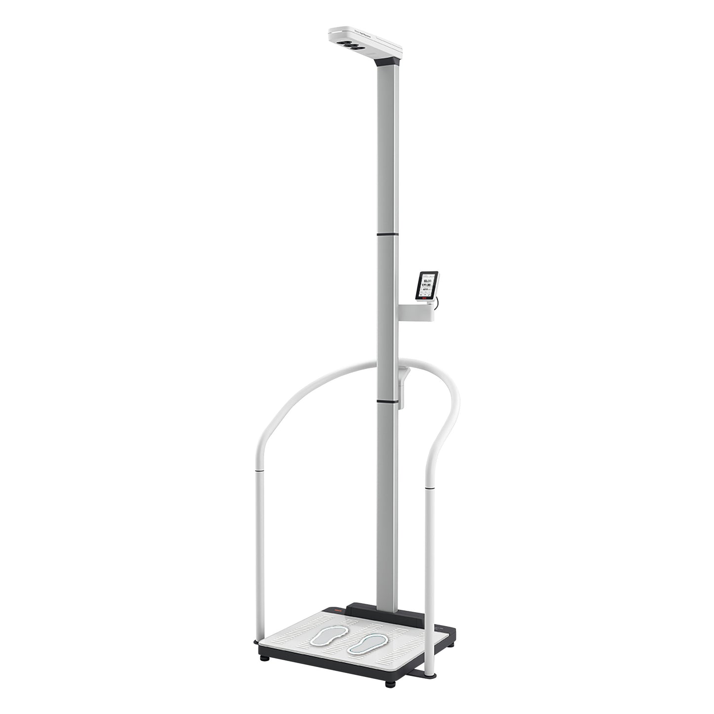 seca Handrail Scale with ID-Display featuring a tall column, handrails, a platform with footprint markers, and a digital screen.