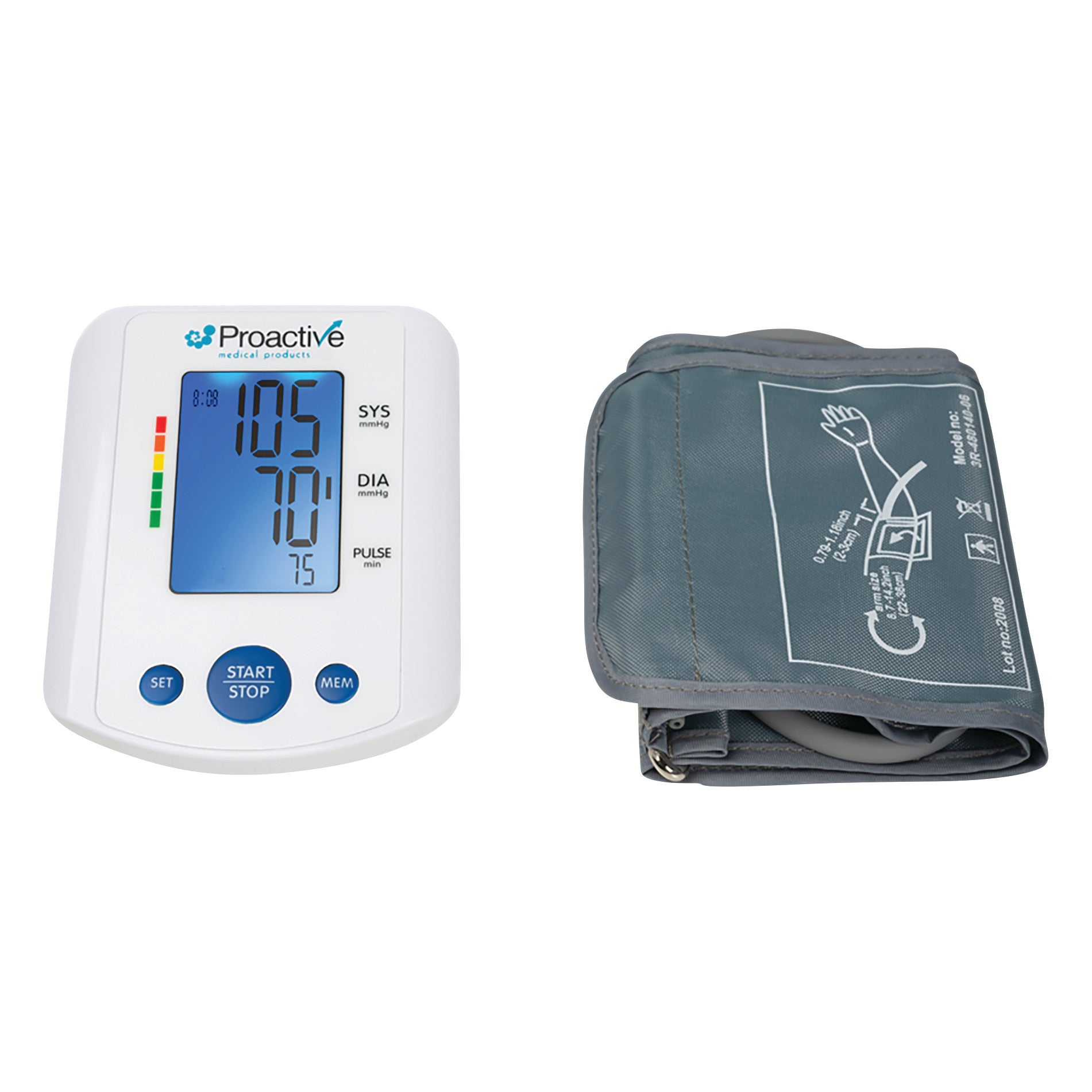 Protekt BP Upper Arm Blood Pressure Monitor with digital display and cuff, showing systolic, diastolic, and pulse readings.