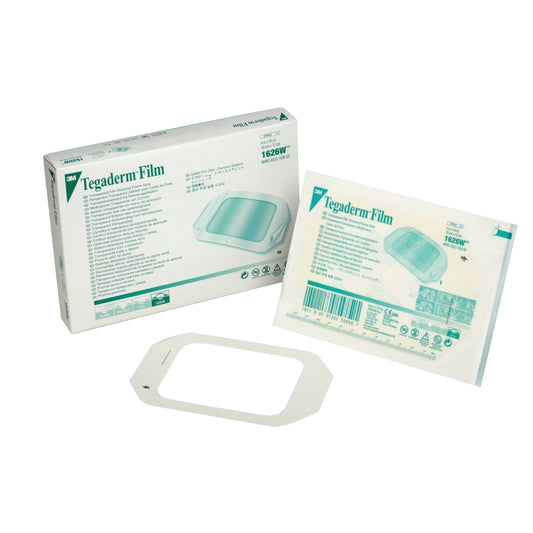 Box and package of 3M Tegaderm Transparent Dressing with a visible adhesive film beside them.