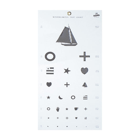 Kindergarten Eye Chart featuring various symbols like a sailboat, heart, star, and more, used for vision testing in young children.