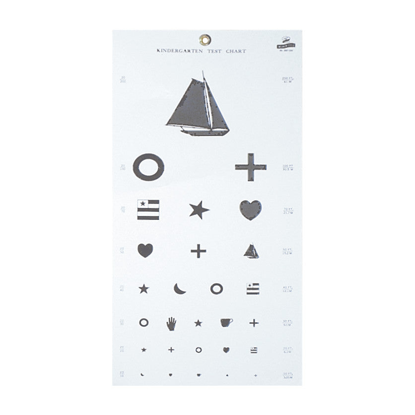 Kindergarten Eye Chart featuring various symbols like a sailboat, heart, star, and more, used for vision testing in young children.