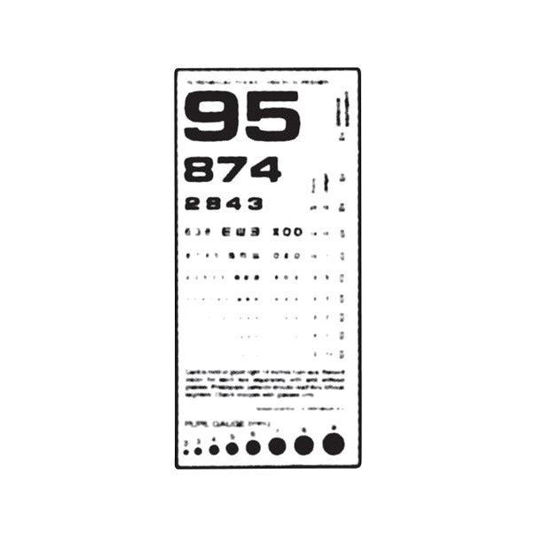 A Pocket Eye Chart featuring various sizes of numbers, letters, and symbols for testing visual acuity, including a pupil gauge.