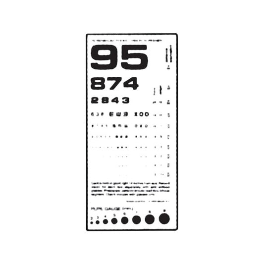 A Pocket Eye Chart featuring various sizes of numbers, letters, and symbols for testing visual acuity, including a pupil gauge.