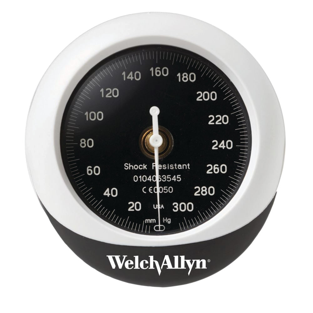 Welch Allyn Tycos DuraShock Integrated Aneroid, a round gauge with a black face and white numbers, measuring blood pressure in mmHg.