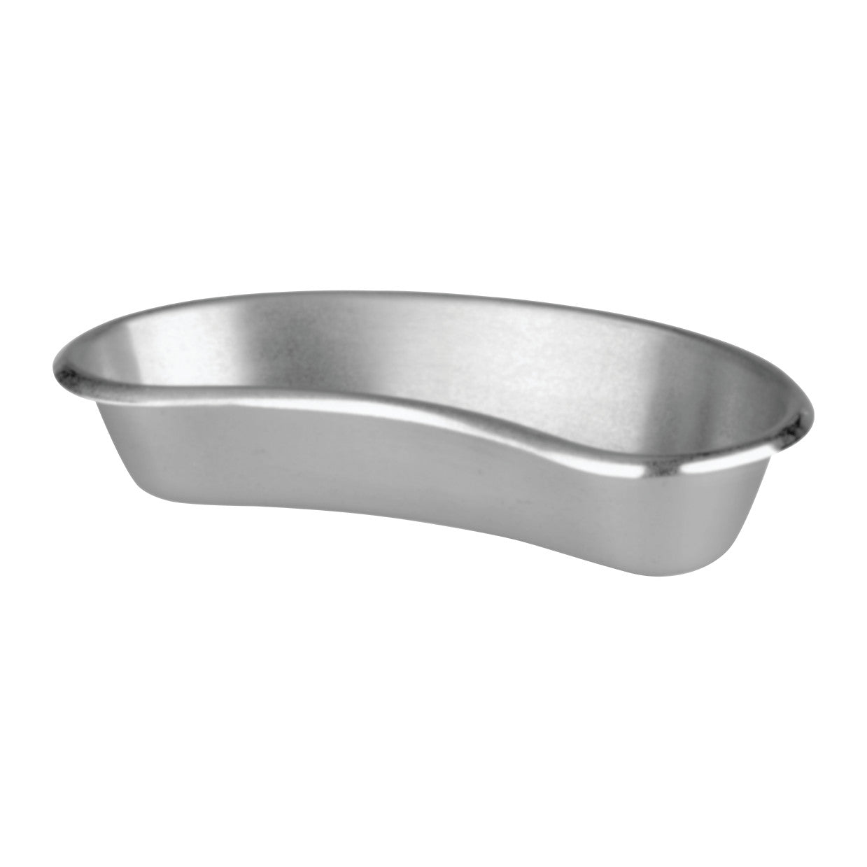 A stainless steel emesis basin with a kidney-shaped design, featuring smooth, curved edges and a polished finish.