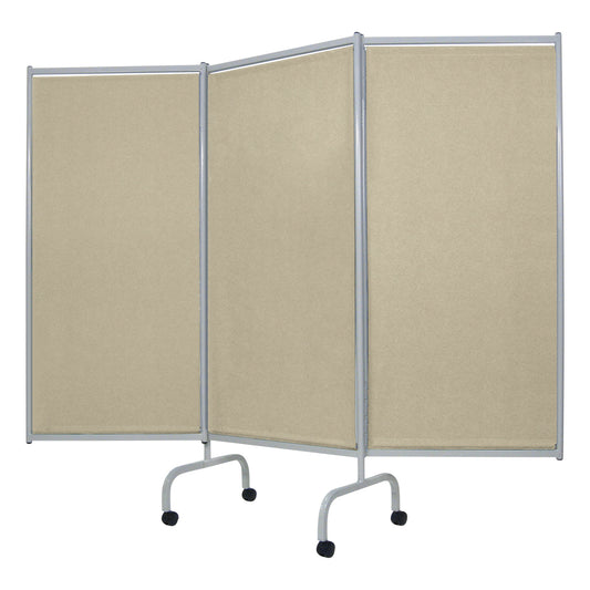 Champion Privess Elite Three-Panel Privacy Screen with beige panels and a metal frame on wheels for mobility.