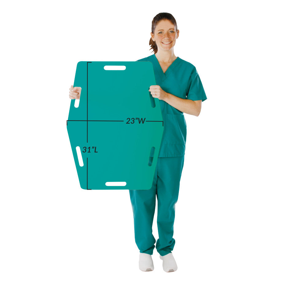 A person in scrubs holds an AliSlide Half Shifter, a teal board measuring 23 inches wide and 31 inches long with hand grips.