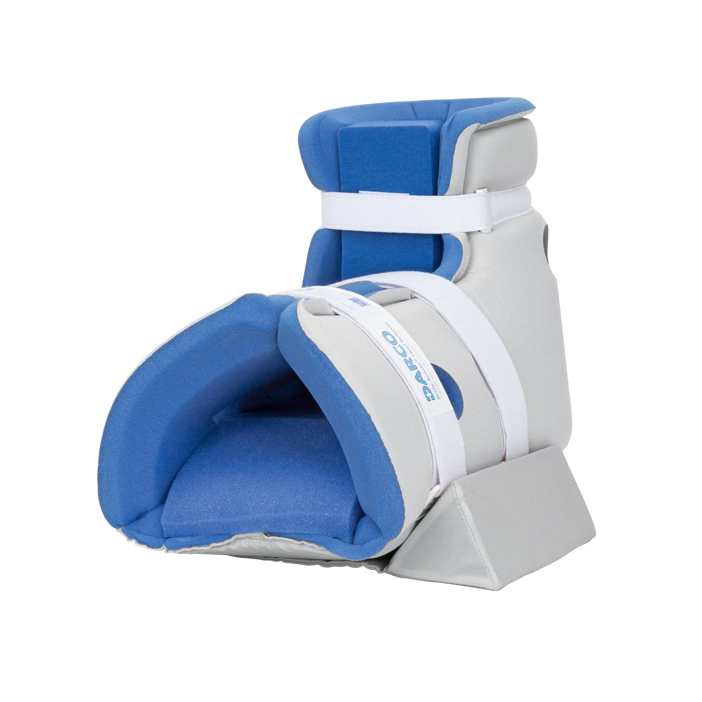 The DARCO Body Armor Heel Reliever Boot is a blue and gray orthopedic boot with adjustable straps designed to relieve heel pressure.