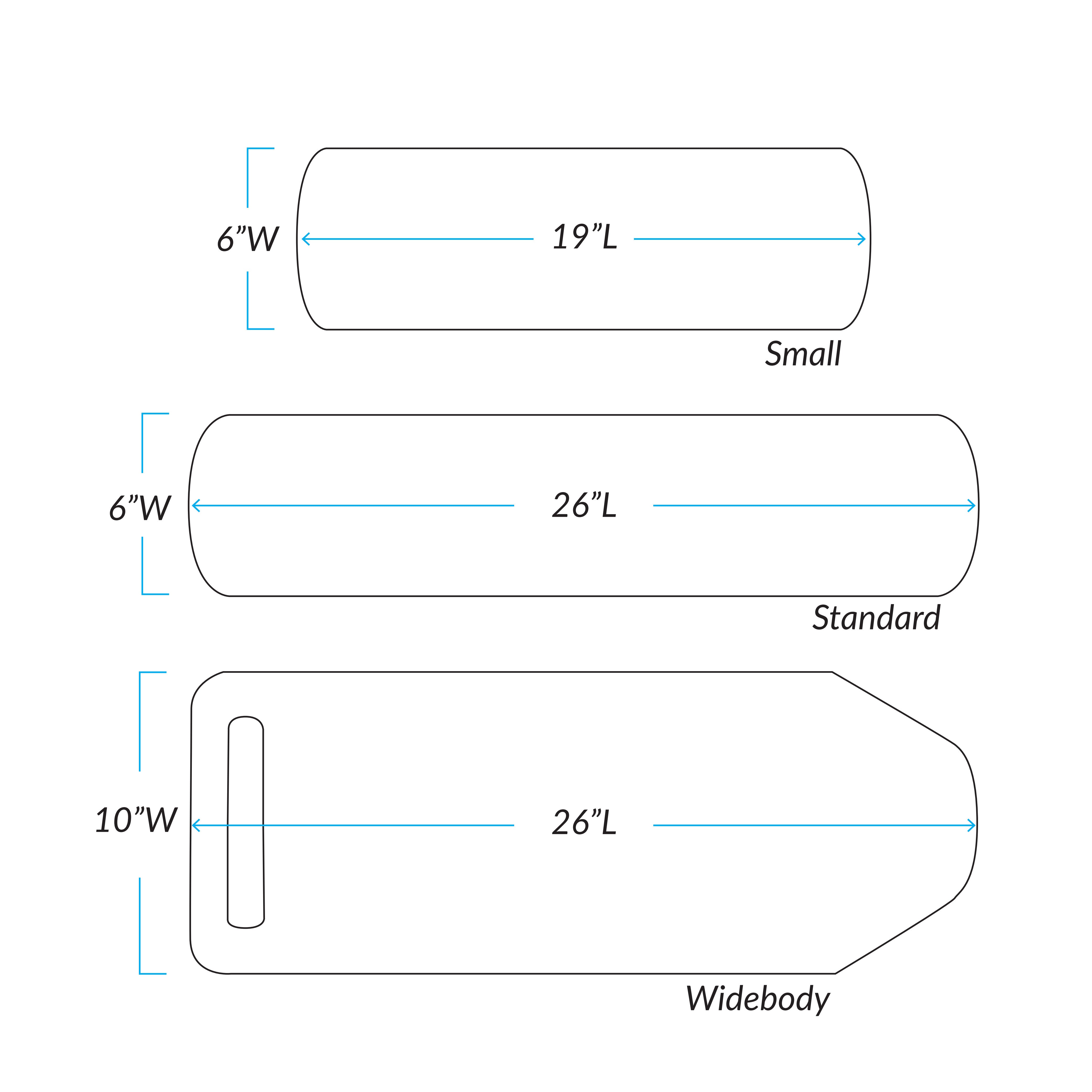 Diagram of three AliMed Height-Adjustable Rhino Board Armboards labeled small (19\"x6\"), standard (26\"x6\"), and widebody (26\"x10\") with strap cutout.