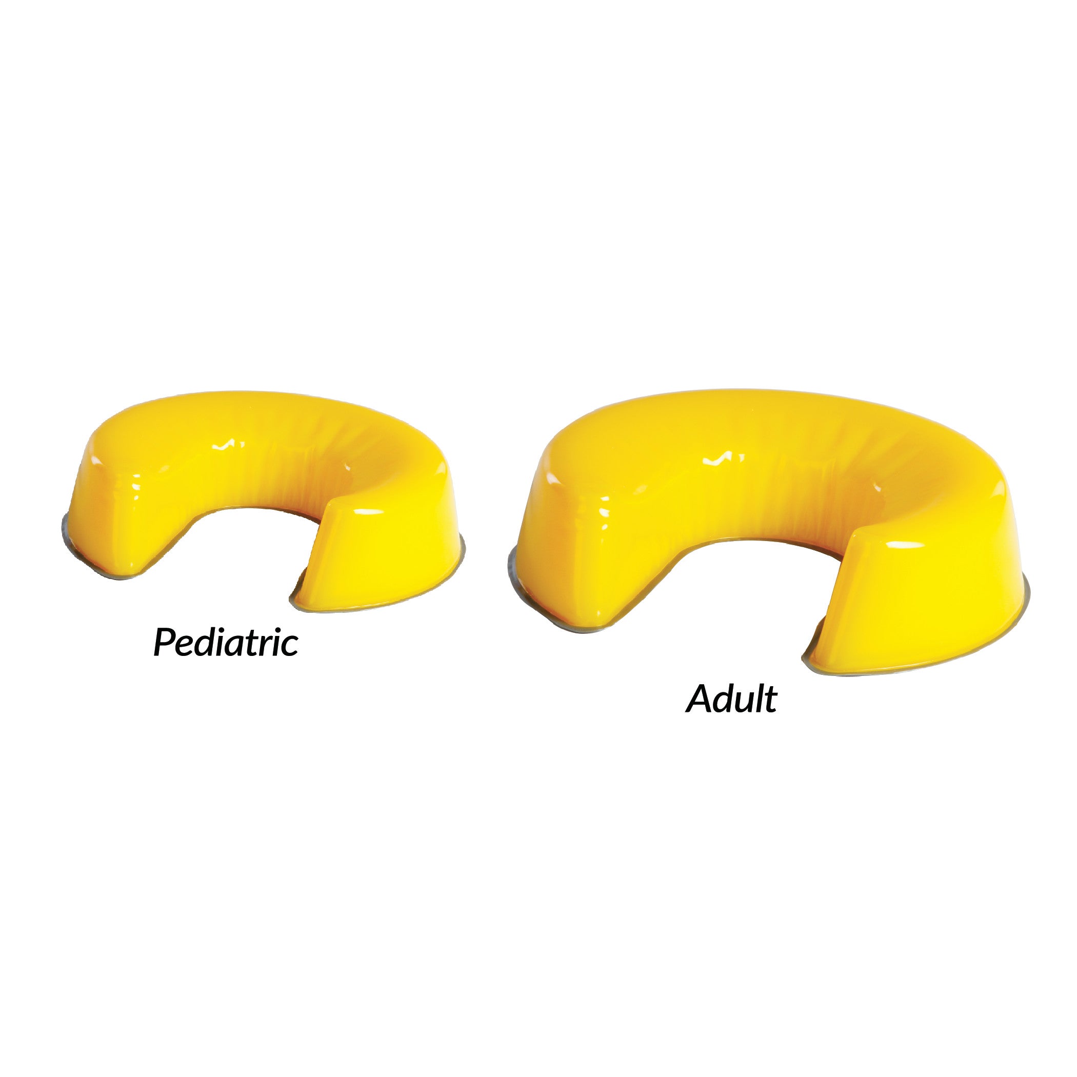 Two yellow AliMed AliLite Horseshoe Positioners. The left is pediatric-sized and the right is adult-sized.