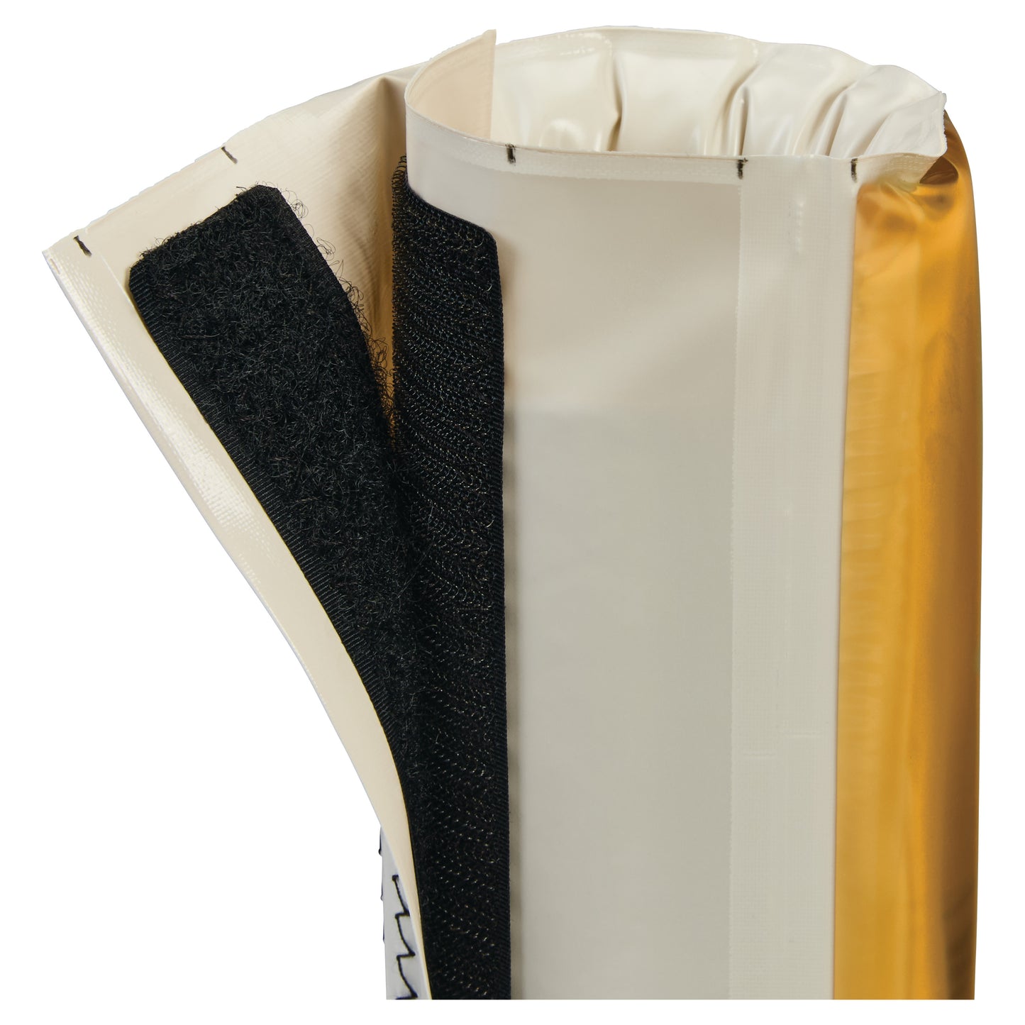 AliMed AliGel Fracture Table Post Pad shown with its hook and loop closure and layered design in beige and black.