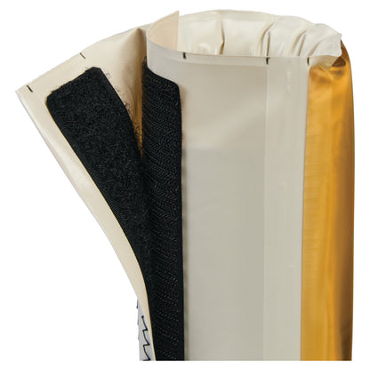 AliMed AliGel Fracture Table Post Pad shown with its hook and loop closure and layered design in beige and black.