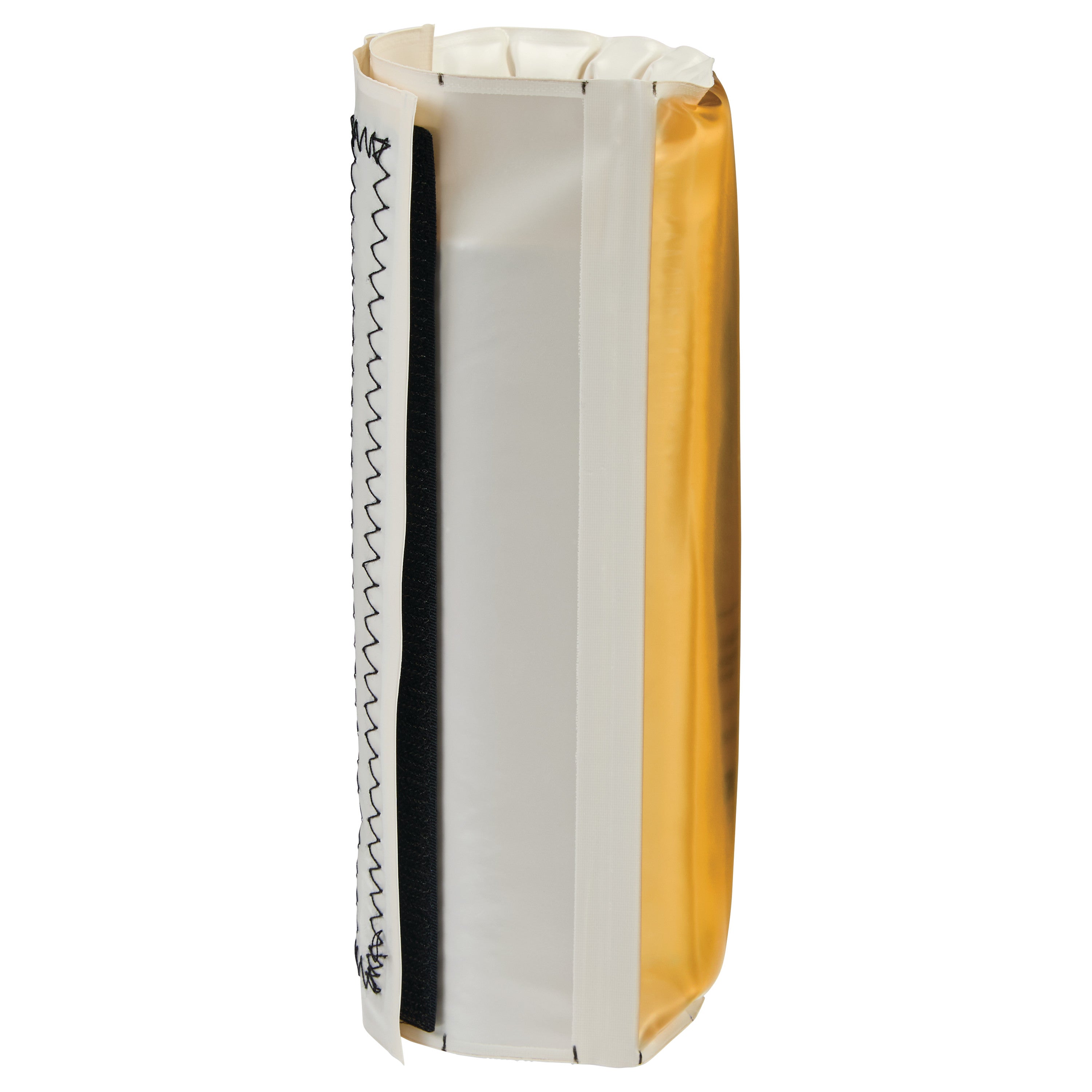 AliMed AliGel Fracture Table Post Pad with a vertical design featuring black zigzag stitching and a shiny golden side panel.