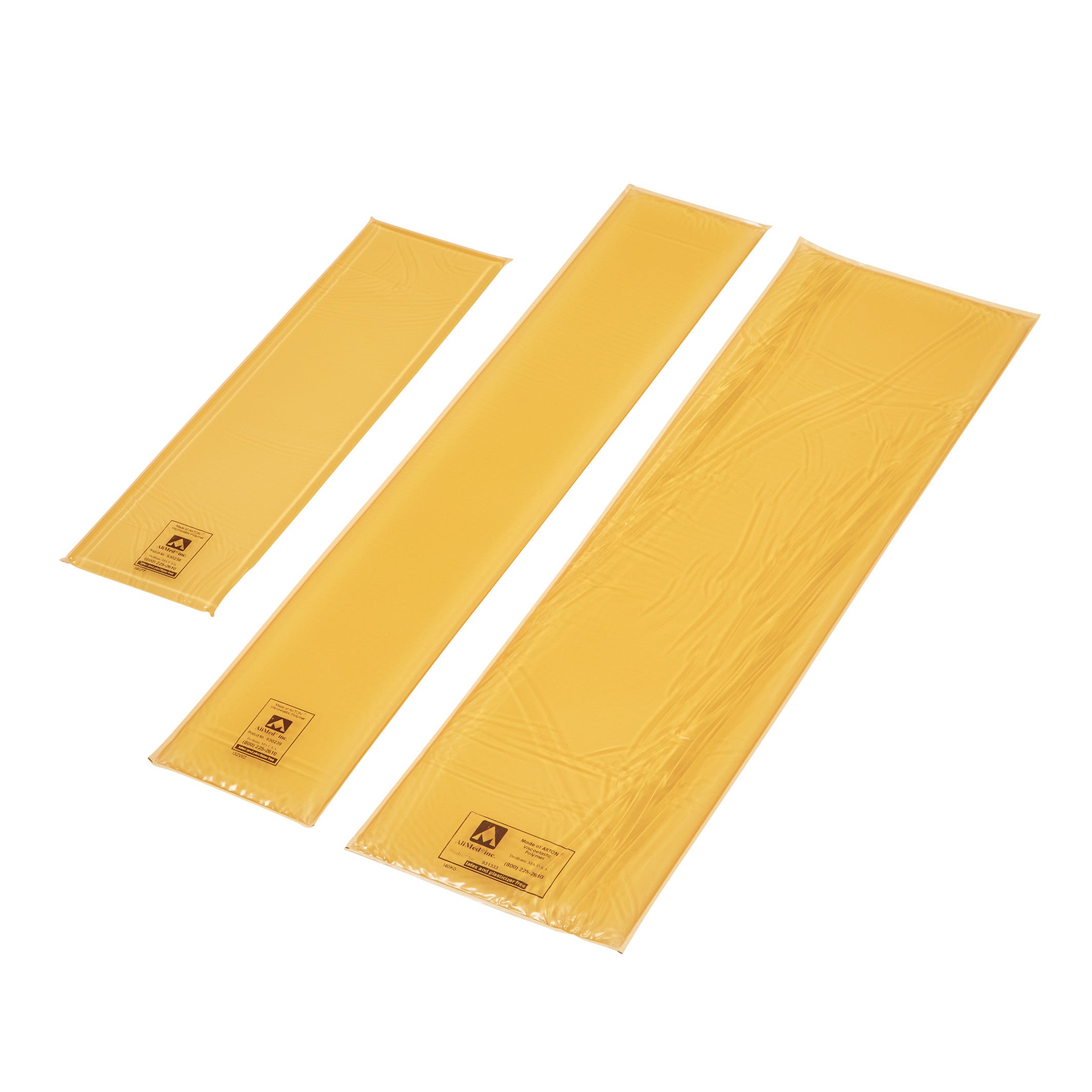 Three yellow AliMed AliGel Standard Armboard Pads of varying sizes are displayed on a white background.