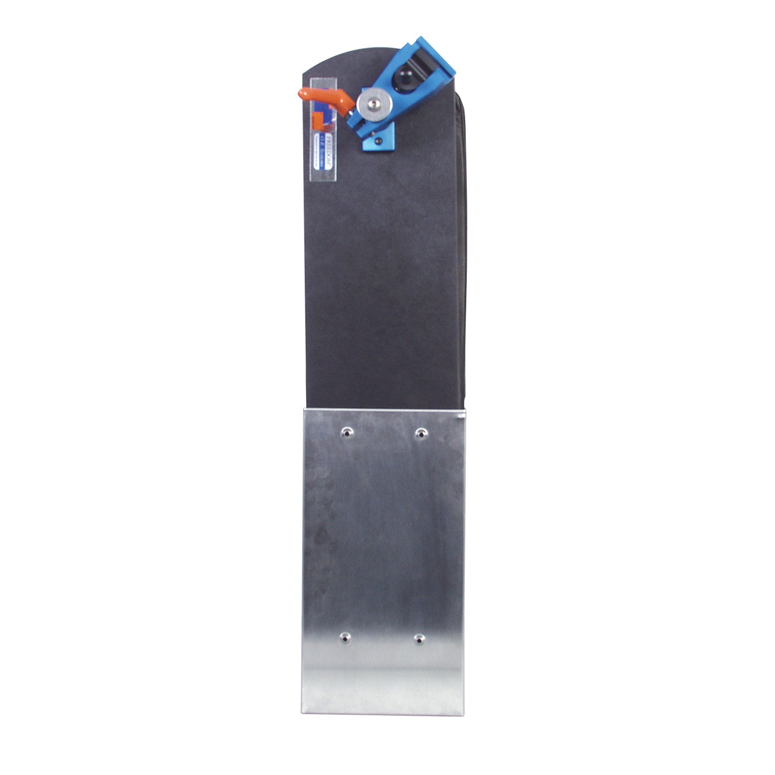 An AliMed Armboard Holder with a metallic panel and a blue and orange adjustment mechanism on top.