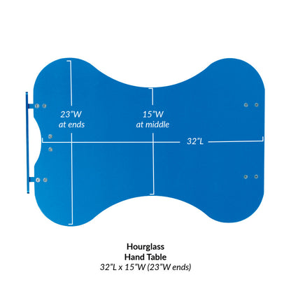 The AliMed Hourglass Rhino Board Hand Table, measuring 32" L, 15" W in the middle, and 23" W at the ends.